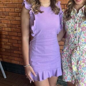 Purple, denim, short, dress with a cutout back just above the knee.